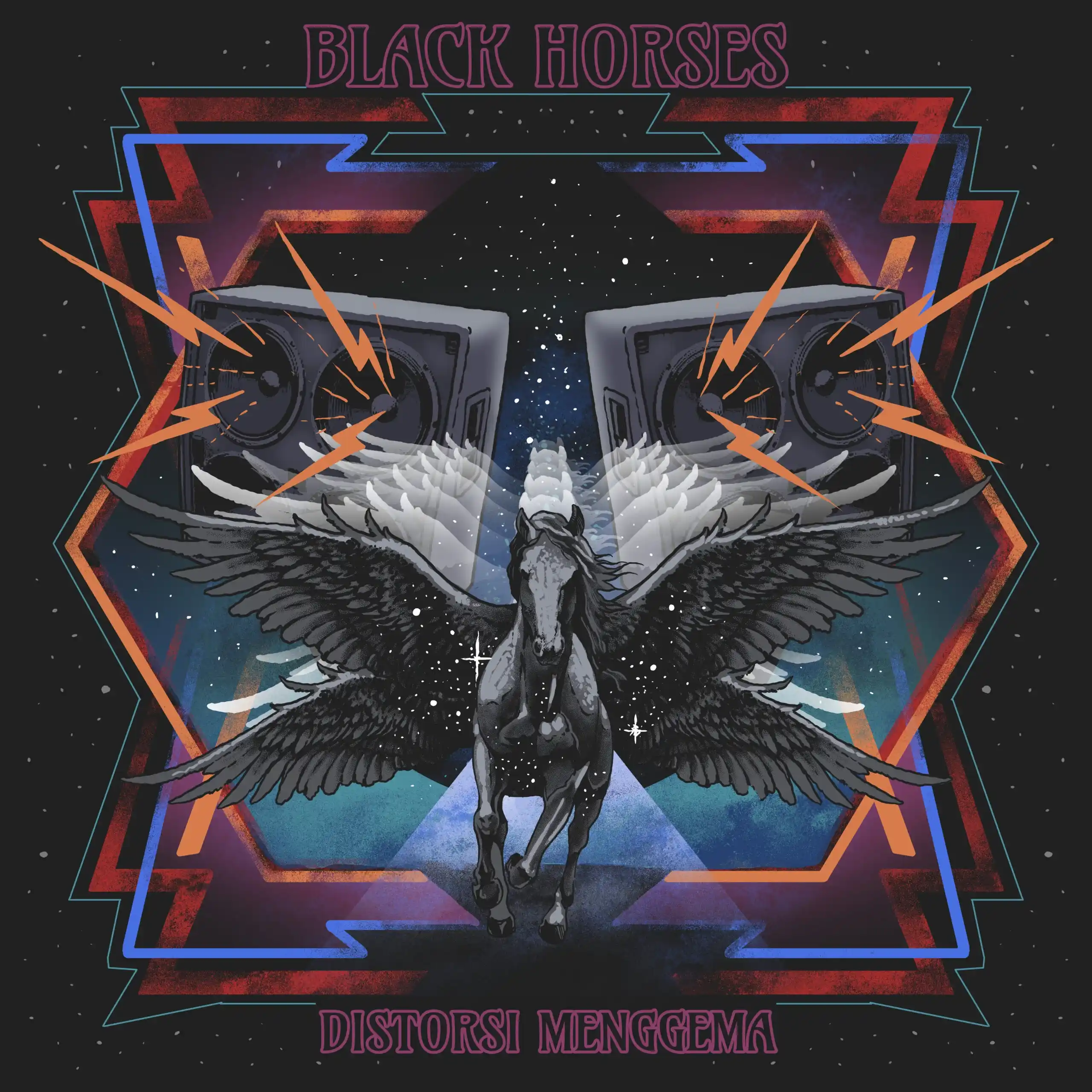 Artwork dari band Black Horses untuk perilisan "Distorsi Menggema".
